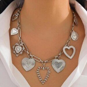 Chunky Heart Pendant Charm Necklace Silver Tone Fashion Layered Jewelry